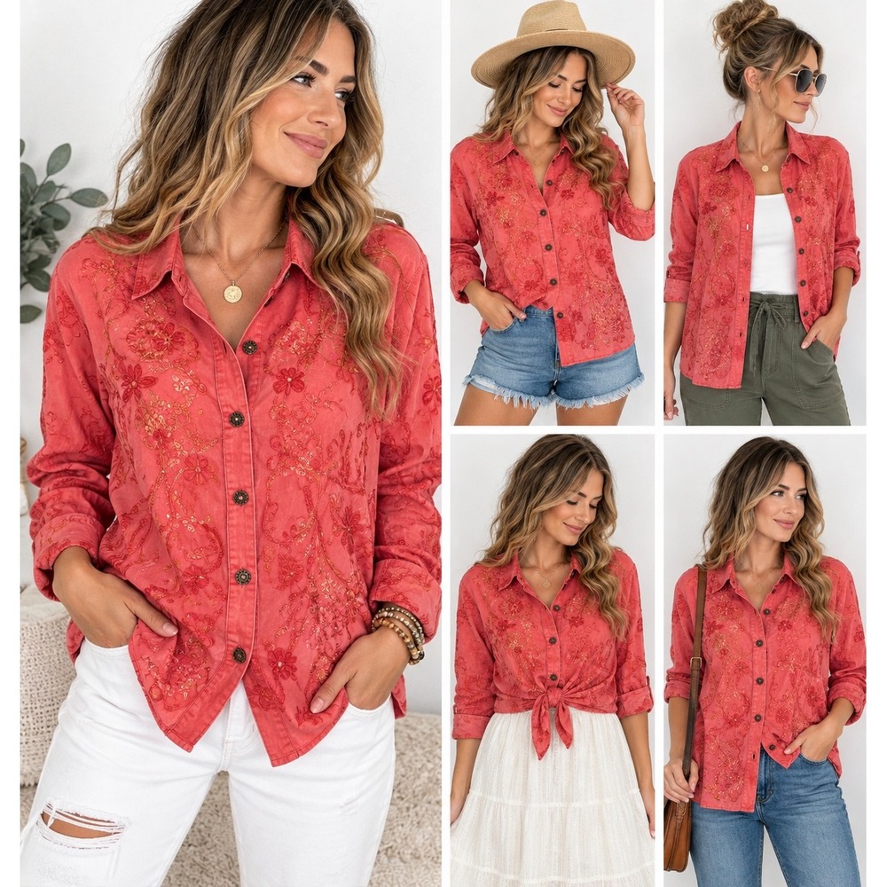C.L.O.T.H.E.S. Embroidered Shirt Womens XL Pink Ramie Cotton Floral Boho Sequin